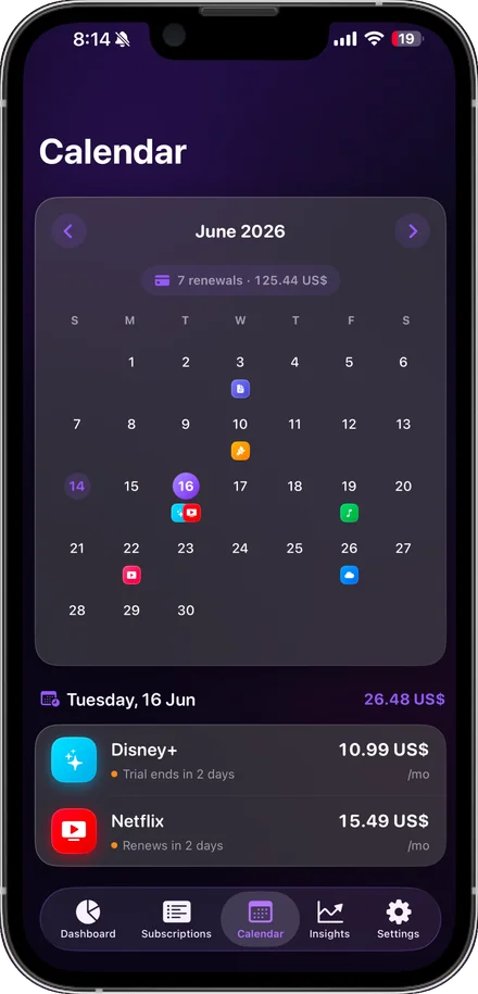 Calendario mensual con cada renovación marcada en su día.
