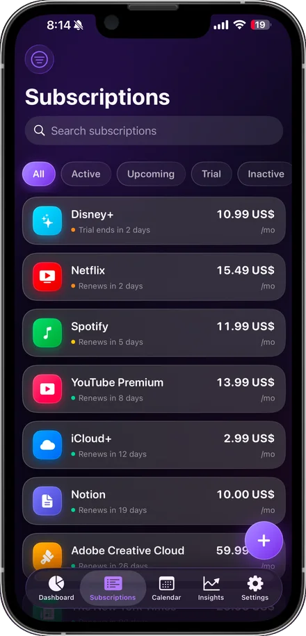 Lista completa con precios y días restantes hasta cada renovación.